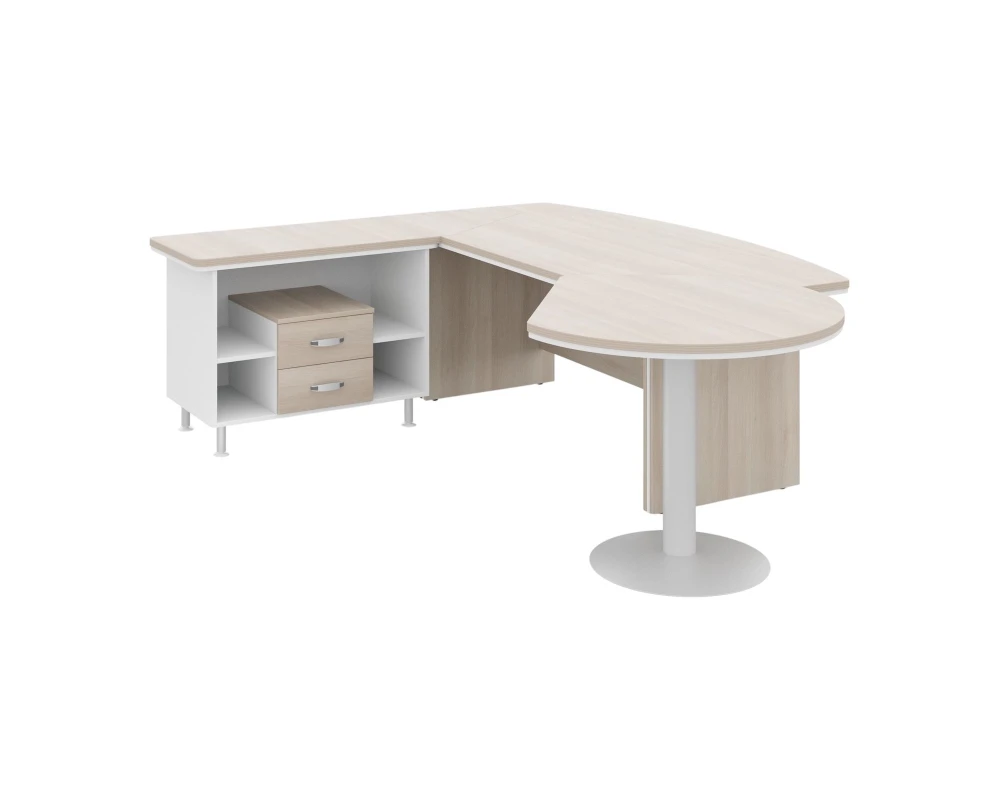 Стол руководителя угловой с брифингом и встроенной тумбой L 235х205х76 Berlin Director Акация светлая/Белый премиум