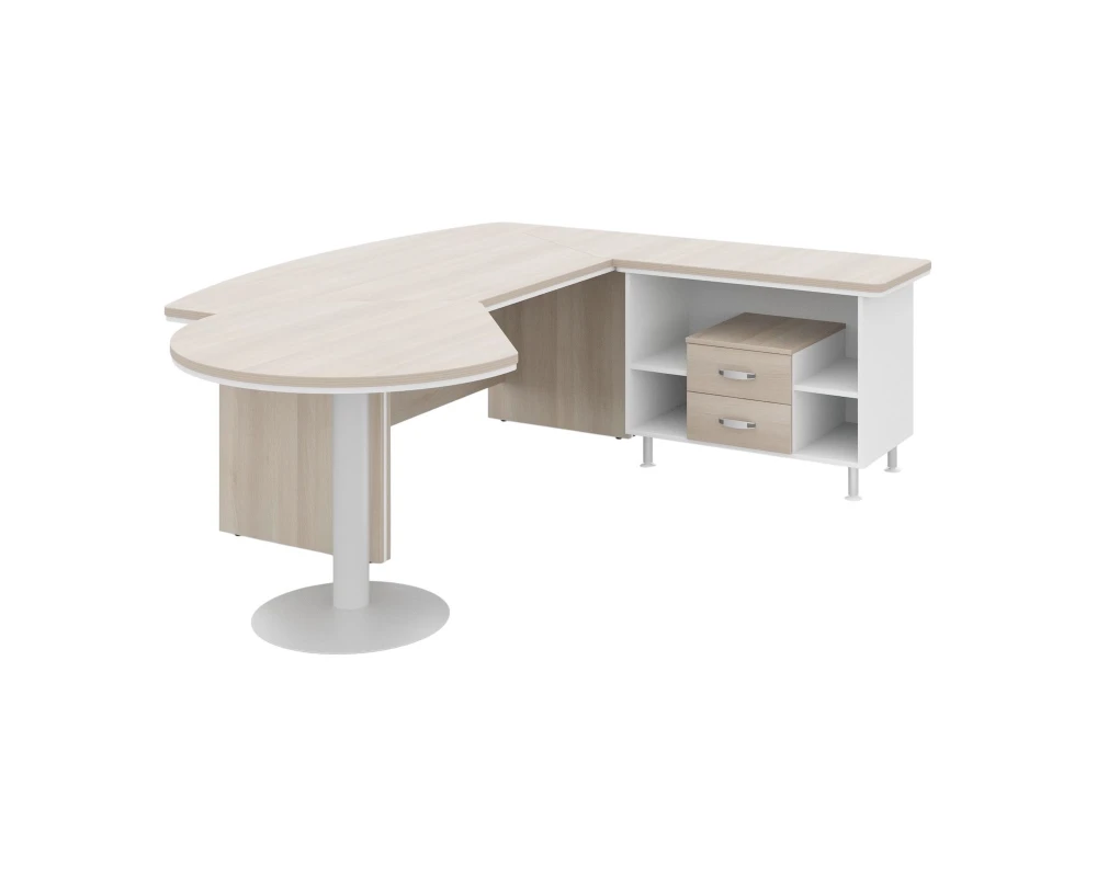 Стол руководителя угловой с брифингом и встроенной тумбой R 255х205х76 Berlin Director Акация светлая/Белый премиум